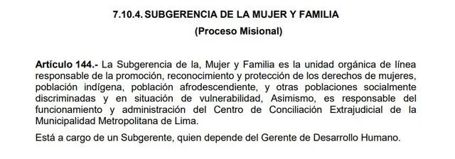 La Subgerencia de la Mujer y Familia estará a cargo de la Gerencia de Desarrollo Humano. Foto: captura del Reglamento de Organización y Funciones de la Municipalidad de Lima   