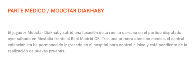 Parte médico del Valencia sobre Mouctar Diakhaby. Foto: Valencia.   