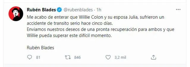 Mensaje de Rubén Blades a Willie Colón. Foto: captura/Twitter