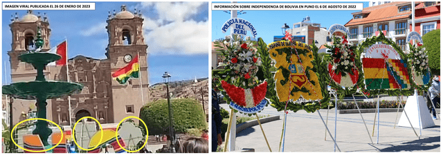 Comparación entre foto viral (izquierda) e imagen que publicó Exitosa el 6 de agosto de 2022 por el aniversario de la independencia de Bolivia (derecha). Foto: composición LR/Facebook/Exitosa.   