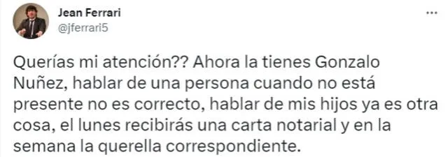 Mensaje de Jean Ferrari. Foto: captura de Twitter   