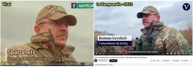  Comparación de imágenes de un comandante. En La Vanguardia no se indica que dicho general sea quien se apode Spartanets. Foto: capturas en Facebook / Youtube - La Vanguardia.    