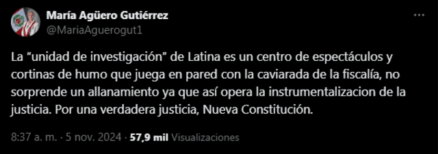  Congresista María Agüero señaló que investigación en su contra es una 'instrumentalización de la justicia' | Fuente: X    