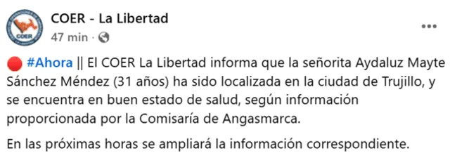 COER-La Libertad informa a través de su cuenta oficial de Facebook.   
