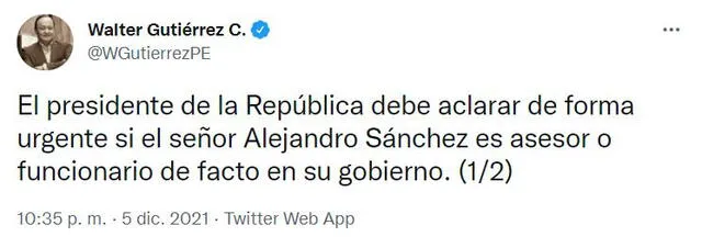 Tweet del defensor del Pueblo, Walter Gutiérrez