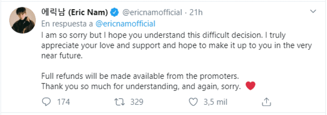 Eric Nam pide a sus seguidores comprendan la decisión de cancelar la gira Before We Begin World Tour 2020 por Latinoamérica.