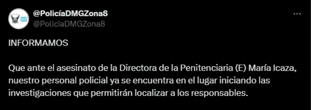  El asesinato de Icaza es el segundo atentado mortal contra una autoridad carcelaria en Ecuador. Foto: @PoliciaDMGZona8/X.    