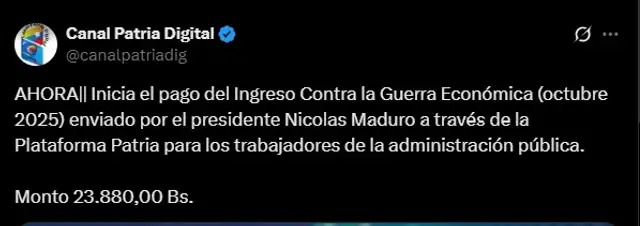 Anuncio del Bono de Guerra de octubre 2025 para trabajadores públicos. Foto: Canal Patria Digital   