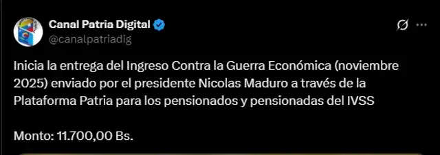 Anuncio del Bono de Guerra de noviembre 2025 para pensionados. Foto: Canal Patria Digital Anuncio del Bono de Guerra de noviembre 2025 para pensionados. Foto: Canal Patria Digital