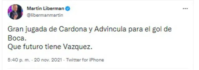 Liberman aplaudió el pase de Advíncula para el primer gol de Boca.