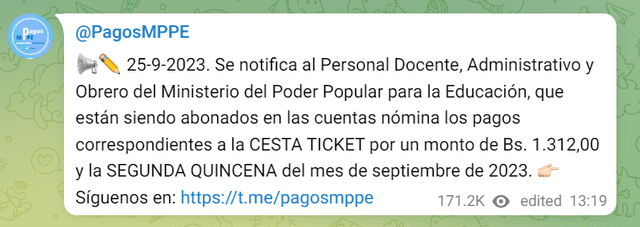 La segunda quincena del mes pasado llegó el 25 de septiembre. Foto: Pagos MPPE/Telegram