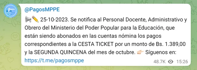 La segunda quincena del MPPE llegó el 25 de octubre. Foto: Pagos MPPE/Telegram