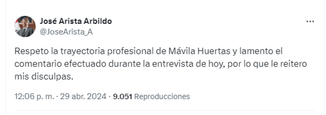  José Arista se disculpó con Mávila Huertas. Foto: X/José Arista   