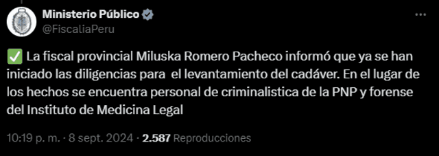 Comunicado del Ministerio Público. Foto: captura X Comunicado del Ministerio Público. Foto: captura X