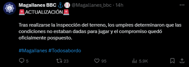 El juego de Magallanes y Águilas terminó suspendido. Foto: Magallanes/X   