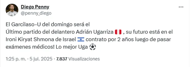 Ugarriza tendría un contrato por 2 años. Foto: captura de pantalla X Ugarriza tendría un contrato por 2 años. Foto: captura de pantalla X