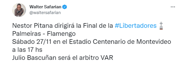 Néstor Pitana será el árbitro principal de la final de la Copa Libertadores. Foto: Captura Twitter de Walter Safarian