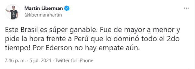 "Perú que dominó todo el segundo tiempo”, publicó el periodista argentino. Foto: captura/Twitter
