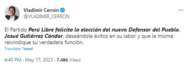  El secretario de Perú Libre saluda elección de Josué Gutiérrez. Foto: Twitter/ @VLADIMIR_CERRON<br><br>  