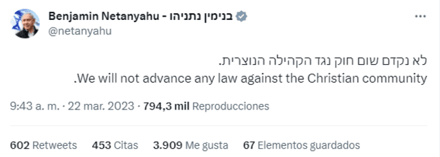  "No avanzaremos ninguna ley contra la comunidad cristiana", declaró el primer ministro israelí Benjamin Netanyahu. Foto: captura de Twitter/netanyahu   