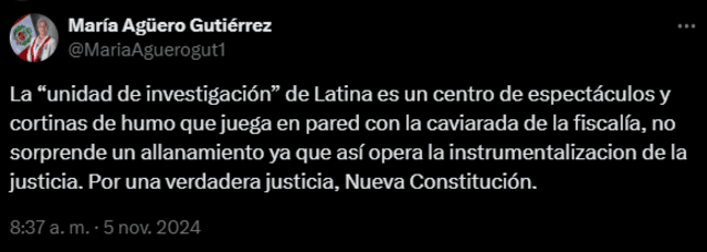  Congresista de Perú Libre se pronuncia a través de sus redes sociales. | María Agüero/X.   