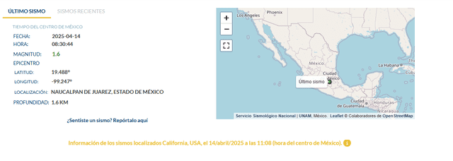 Último sismo en México HOY, 14 de abril. Foto: SSN   