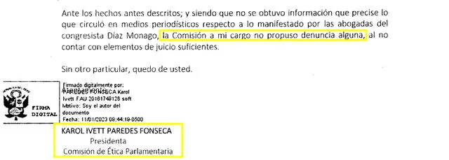 Documento donde Karol Paredes informa que decidió no formular denuncia.