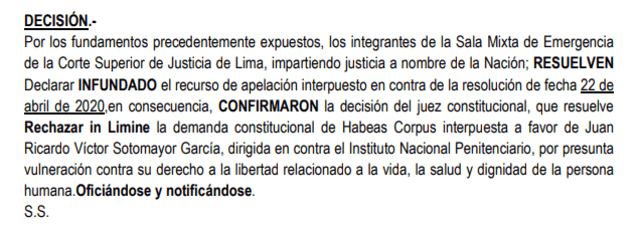 Ratifican rechazo de hábeas corpus de exalcalde Sotomayor para dejar prisión