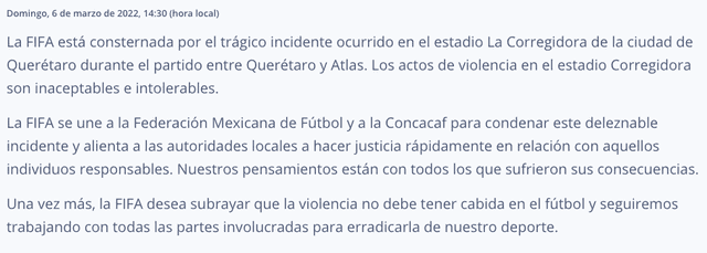 Comunicado de la FIFA en relación a los actos de violencia en el estadio Corregidora. Fuente: Captura LR, FIFA.