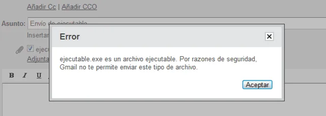 Mensaje de Gmail al intentar adjuntar un archivo ejecutable. Foto: Computer Hoy