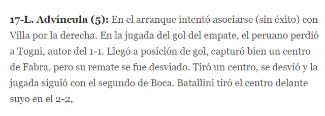 La calificación de Olé para Luis Advíncula en el choque ante Independiente. Foto: captura web Olé