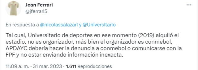  Respuesta de Jean Ferrari a la publicación de Indecopi. Foto: captura de Twitter/@jferrari5   