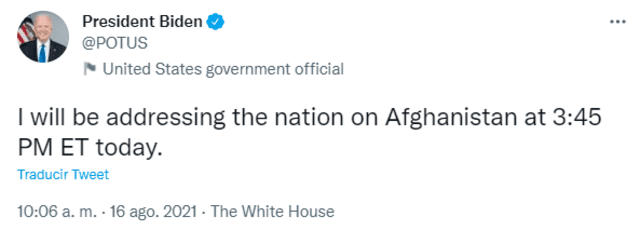 Biden se pronunciará tras la caída de Kabul. Foto: captura de Twitter