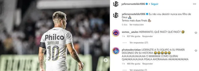 El seleccionado de Venezuela, mediante sus redes sociales, ha comenzado a recibir cientos de críticas luego que Santos FC descendiera a la segunda división del fútbol brasileño. Foto: Yeferson Soteldo/Instagram/captura   