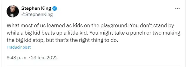 <em> Reflexión de King horas antes de la invasión rusa a Ucrania. Foto: captura de X</em>   