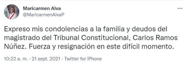 Presidenta del Congreso Maricarmen Alva se pronuncia sobre muerte del magistrado Carlos Ramos Núñez. Foto: captura Twitter