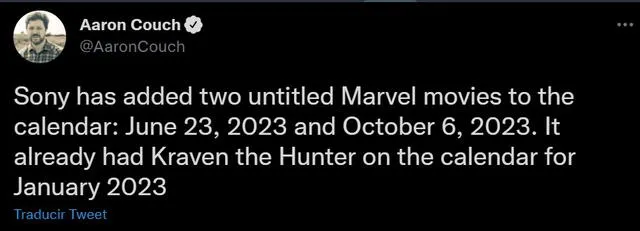 Aaron Couch confirma dos nuevos proyectos de Sony y Marvel para 2023. Foto: Twitter/@AaronCouch