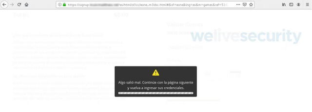 Mensaje de error arrojado por el sitio luego de la obtención de los datos. | Foto: ESET