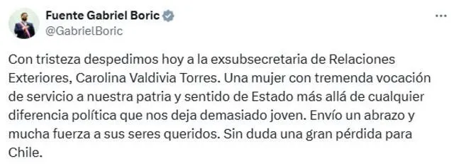 El presidente Gabriel Boric decretó un día de duelo nacional en honor a Carolina Valdivia. Foto: X/@GabrielBoric.   