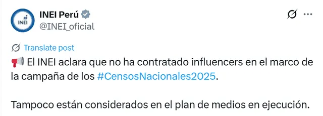 Tweet del INEI ante la difusión de la lista de influencers. Foto: INEI Tweet del INEI ante la difusión de la lista de influencers. Foto: INEI