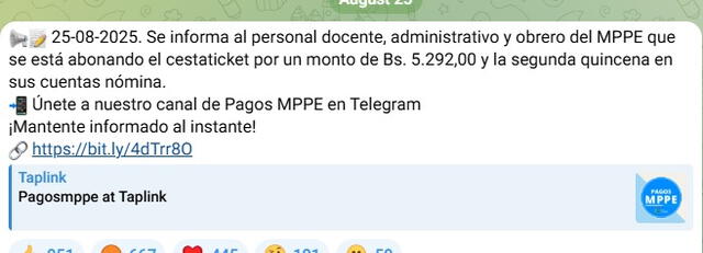 Anuncio de la segunda quincena y Cestaticket de agosto 2025. Foto: Pagos MPPE   