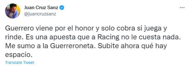 Publicación del periodista argentino sobre Paolo Guerrero. Foto: captura