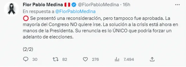 La congresista Flor Pablo se pronunció a través de su cuenta de Twitter.   