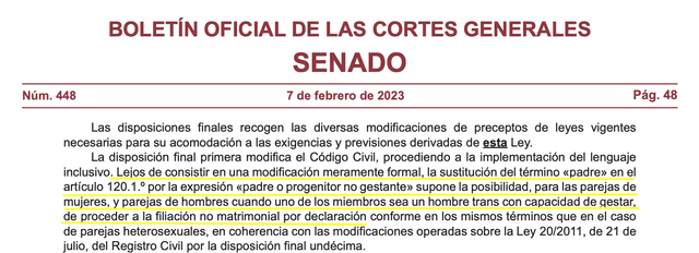 Página 48 del proyecto de ley aprobado en España. Foto: captura LR/Senado de España.   