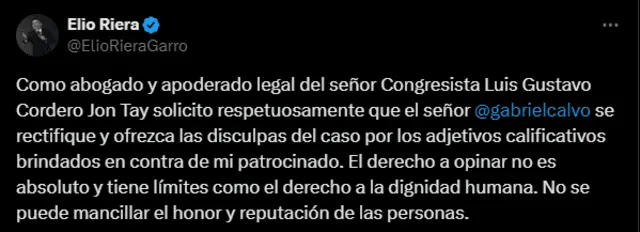 Abogado Elio Riera le responde a Gabriel Calvo. Foto: X (Twitter)   