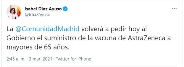 Isabel Díaz Ayuso, presidenta de Madrid. Foto: captura de Twitter Isabel Díaz Ayuso, presidenta de Madrid. Foto: captura de Twitter