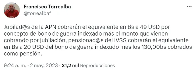  Francisco Torrealba confirma nuevo monto del Bono de Guerra para los pensionados del IVSS. Foto: Torrealbaf/ Twitter   