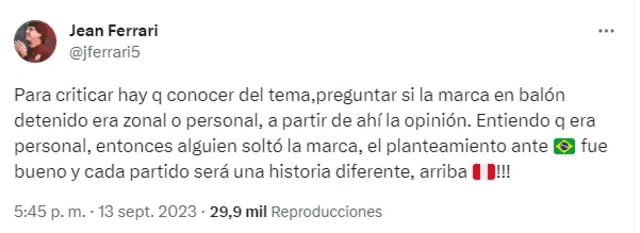 Publicación de Jean Ferrari sobre el gol de Marquinhos. Foto: Twitter   