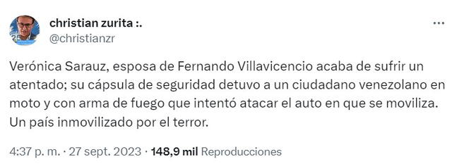 Christian Zurita denunció un intento de ataque contra Verónica Sarauz, viuda de Fernando Villavicencio   