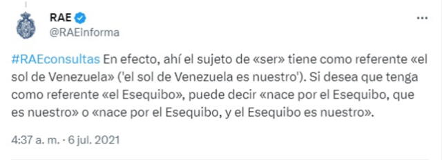 La respuesta de la RAE sobre una consulta acerca del Esequibo. Foto: X   